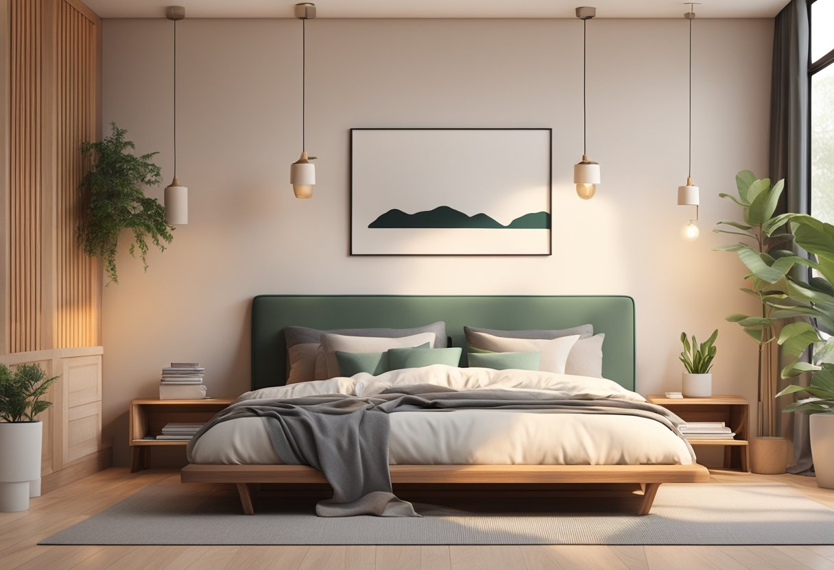 A simple wooden bed frame in a cozy bedroom with soft lighting and minimal decor