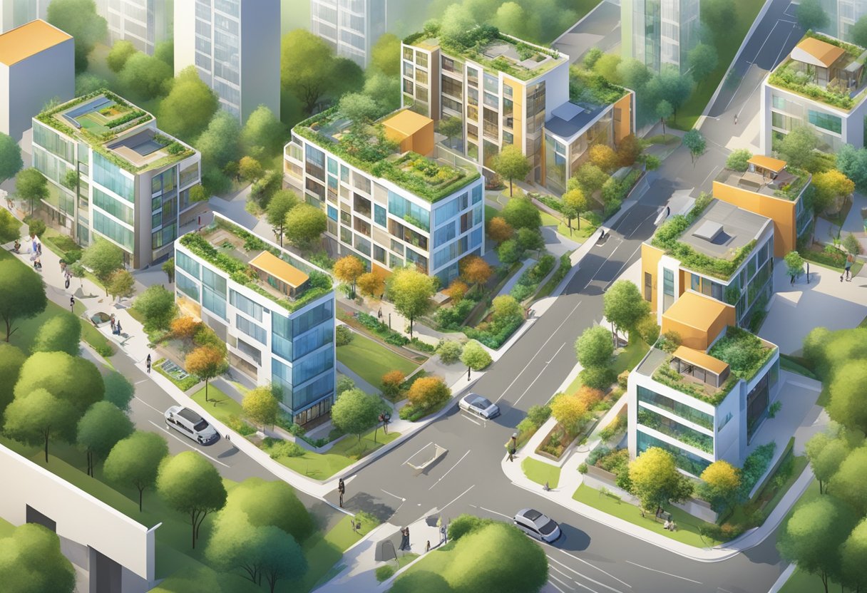 A vibrant neighborhood with lush greenery, modern facilities, and a community hub