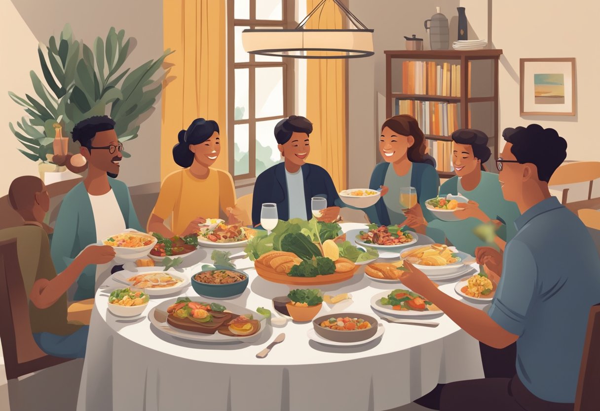 A small group of people enjoying a catered meal in a cozy setting, with a variety of food options displayed on a table