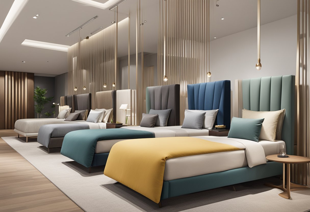Various single bed frames in a Singapore showroom: metal, wooden, and upholstered designs displayed side by side