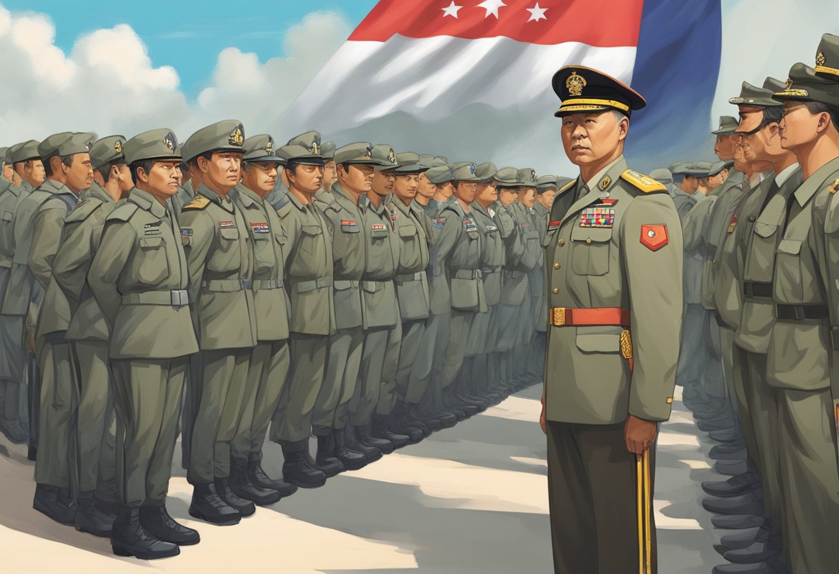 The Singapore Chief of Defence stands at attention, surrounded by military personnel and equipment