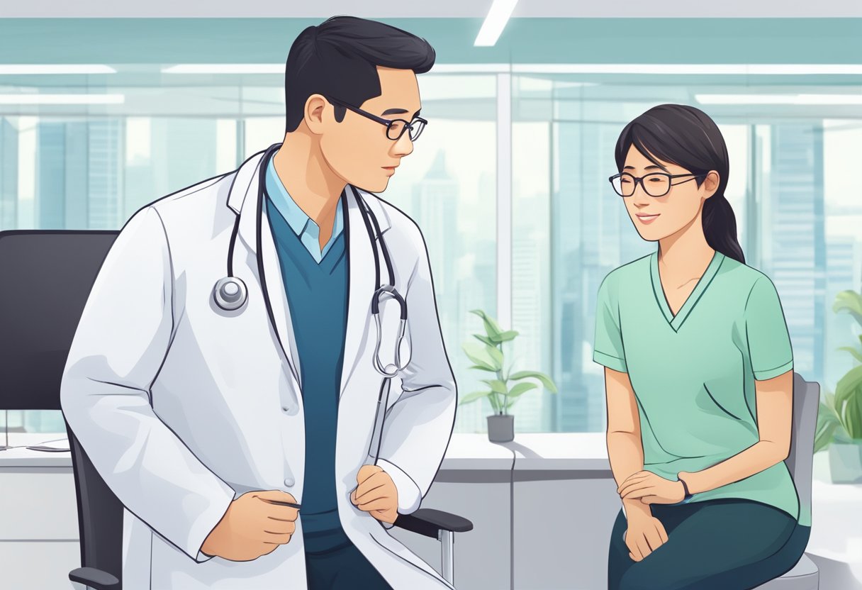 A Singapore doctor in a clean, modern clinic, wearing a white coat and stethoscope, consulting with a patient