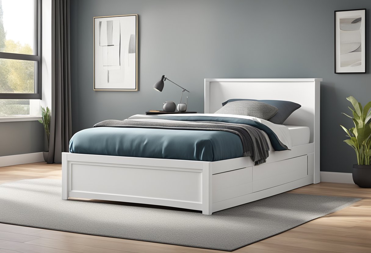 A single bed frame with sleek design and modern features in a bedroom setting. Optional add-ons such as storage drawers or headboard attachments are available