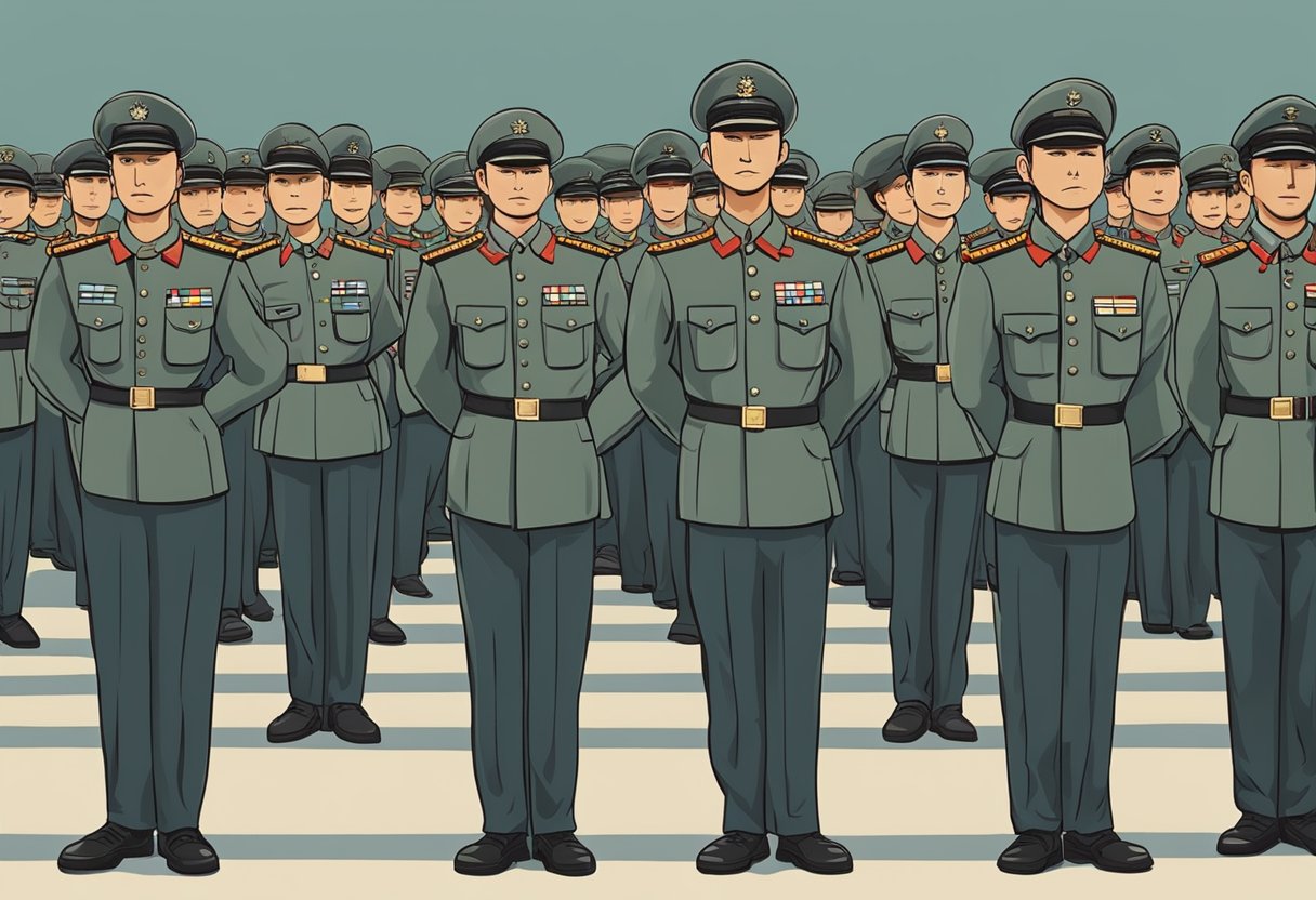A military officer stands at attention, flanked by a row of uniformed soldiers. The officer exudes authority and confidence, embodying the leadership and structure of the Singapore chief of defense