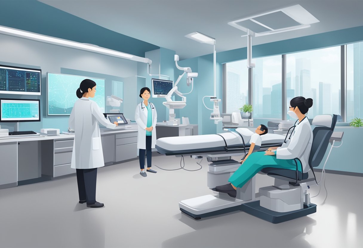 A doctor in a modern clinic in Singapore, surrounded by advanced medical equipment and technology, attending to patients with care and expertise