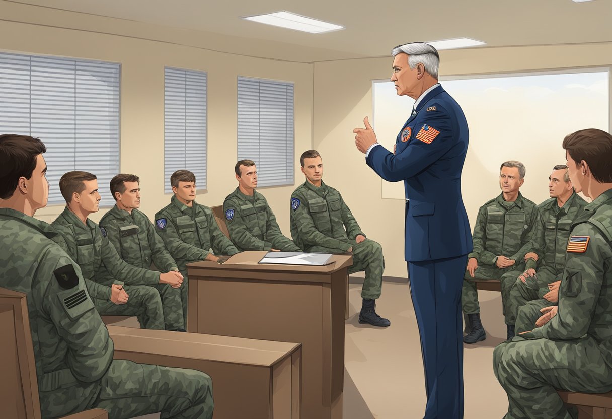 A high-ranking official addresses a group of military personnel in a secure facility