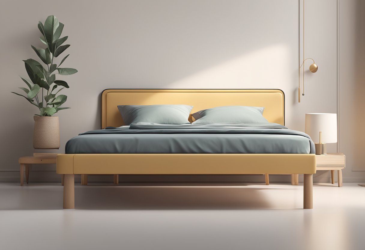 A single bed frame with modern design, set against a clean and minimalist backdrop, accompanied by a small bedside table and a neatly made bed