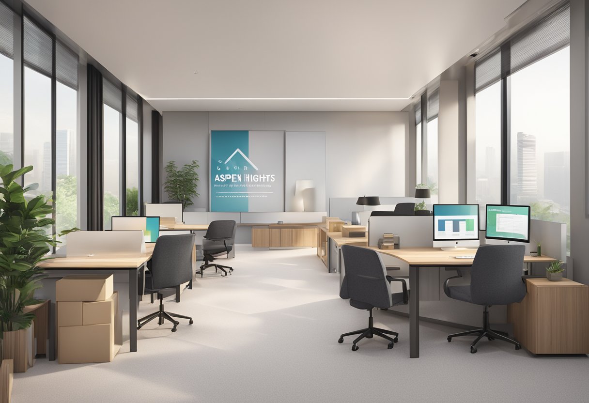 A stack of FAQs with the Aspen Heights Singapore logo, surrounded by a modern and minimalist office setting