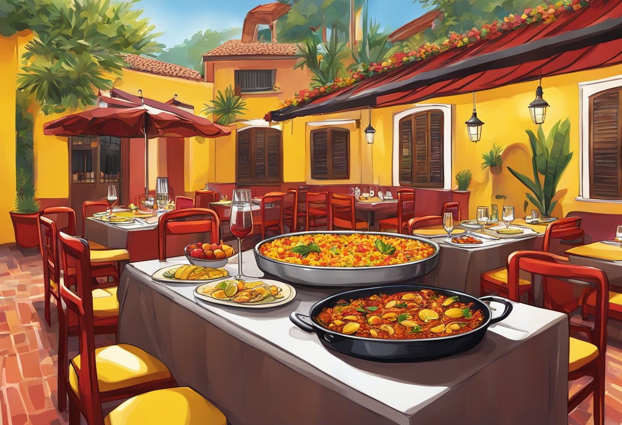 A table set with paella, tapas, and sangria in a vibrant Spanish restaurant in Singapore. Red and yellow decor and lively atmosphere