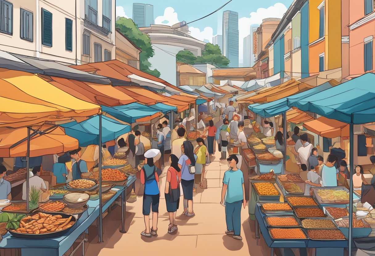 A bustling Singapore street market with colorful stalls offering a variety of Spanish cuisine, including paella, tapas, and churros. The aroma of sizzling chorizo and garlic fills the air as locals and tourists alike line up to sample the delicious