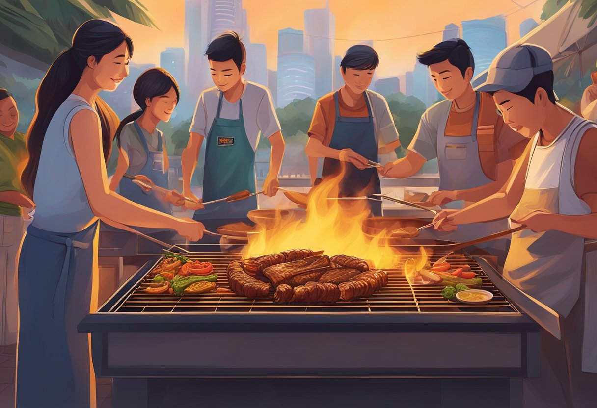 A smoky BBQ pit in Singapore sizzles with marinated meats, surrounded by vibrant spices and condiments. The flames dance beneath the grill, casting a warm glow on the bustling outdoor setting