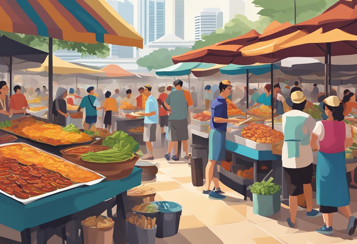 A bustling Spanish food market in Singapore, filled with colorful stalls and the aroma of sizzling chorizo and paella. Patrons chat and sample tapas while vendors call out their daily specials