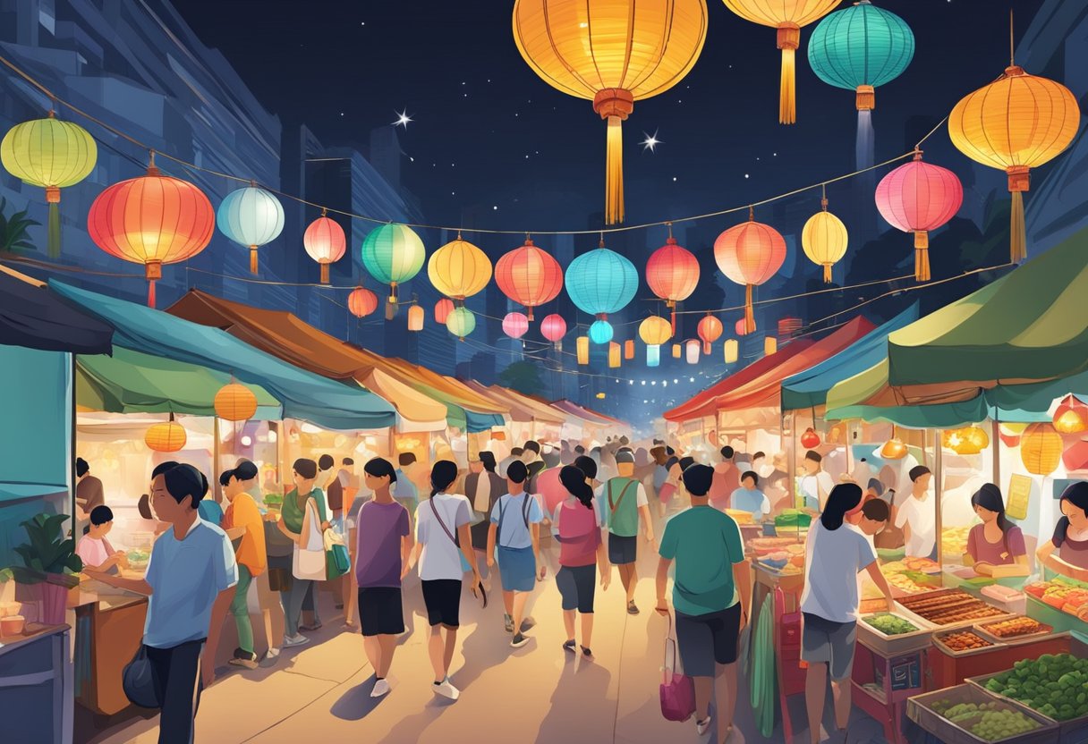 Colorful stalls line the bustling streets of the Taiwan night market in Singapore, offering a variety of street food, traditional crafts, and vibrant lights