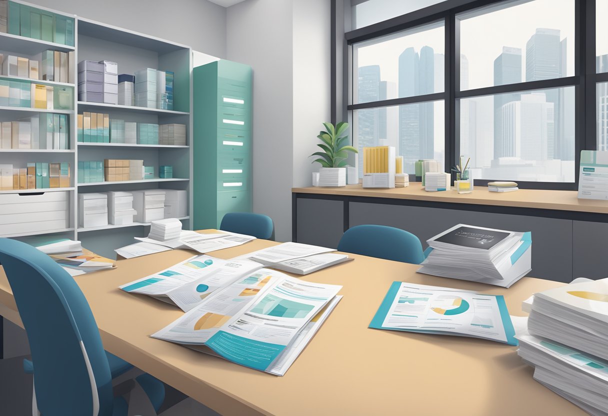 A doctor's office in Singapore with brochures and pamphlets on patient resources displayed on a desk