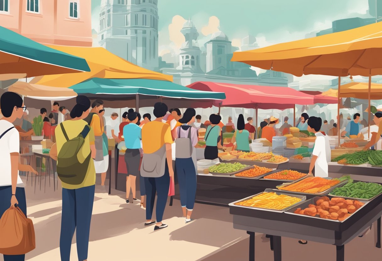 A bustling market stall with colorful Spanish food displayed, surrounded by curious customers in a vibrant Singaporean setting