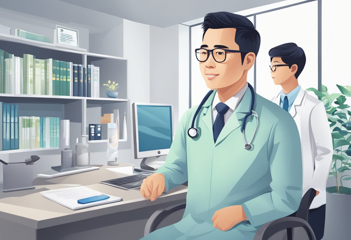 A doctor in Singapore answering common questions in a modern clinic setting