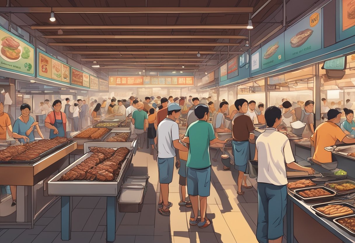 A bustling hawker center with rows of smoking BBQ pits, surrounded by eager food enthusiasts savoring the aroma of sizzling meats in Singapore