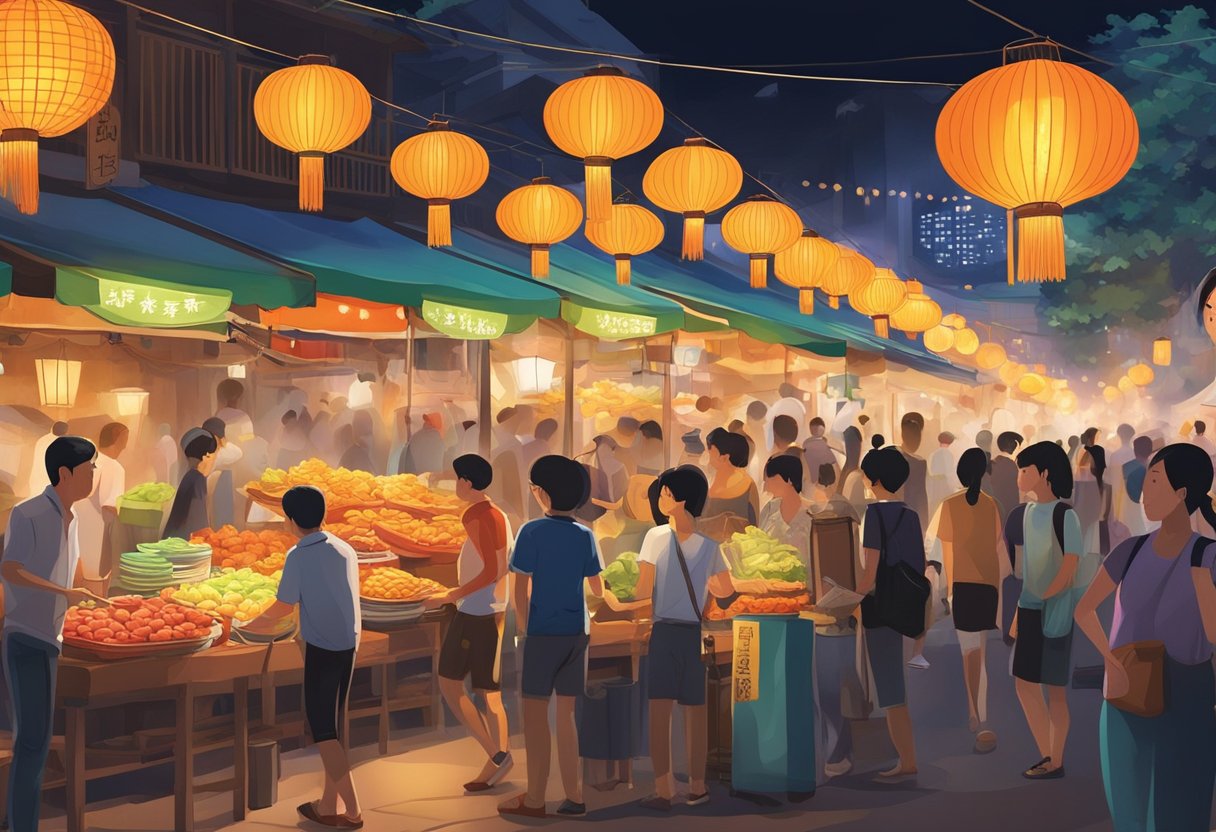 Crowds bustle among colorful food stalls, lanterns casting a warm glow. Steam rises from sizzling grills as vendors call out to passersby. Bright signs illuminate the lively atmosphere of the Taiwan Night Markets in Singapore
