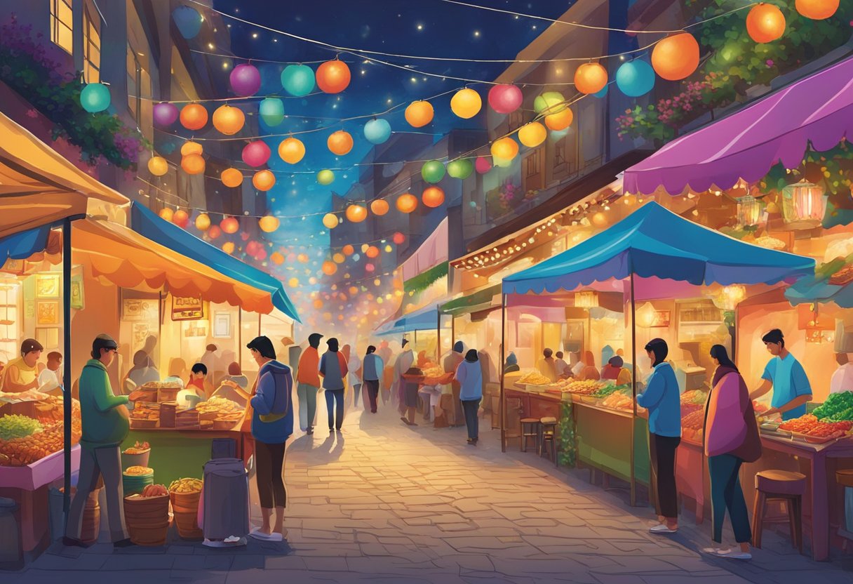 Colorful stalls line the bustling street, emitting mouthwatering aromas. Visitors sample local delicacies and browse handmade crafts under the glow of twinkling lights
