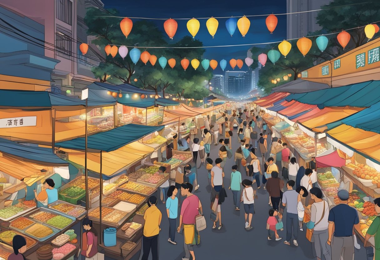 A bustling Taiwan night market in Singapore, with colorful food stalls and crowds of people browsing and eating