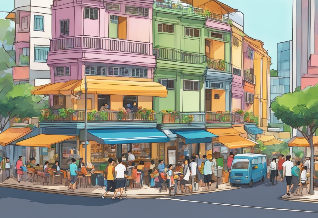 A bustling Singapore street with a vibrant Toast Box cafe, surrounded by colorful buildings and bustling with people