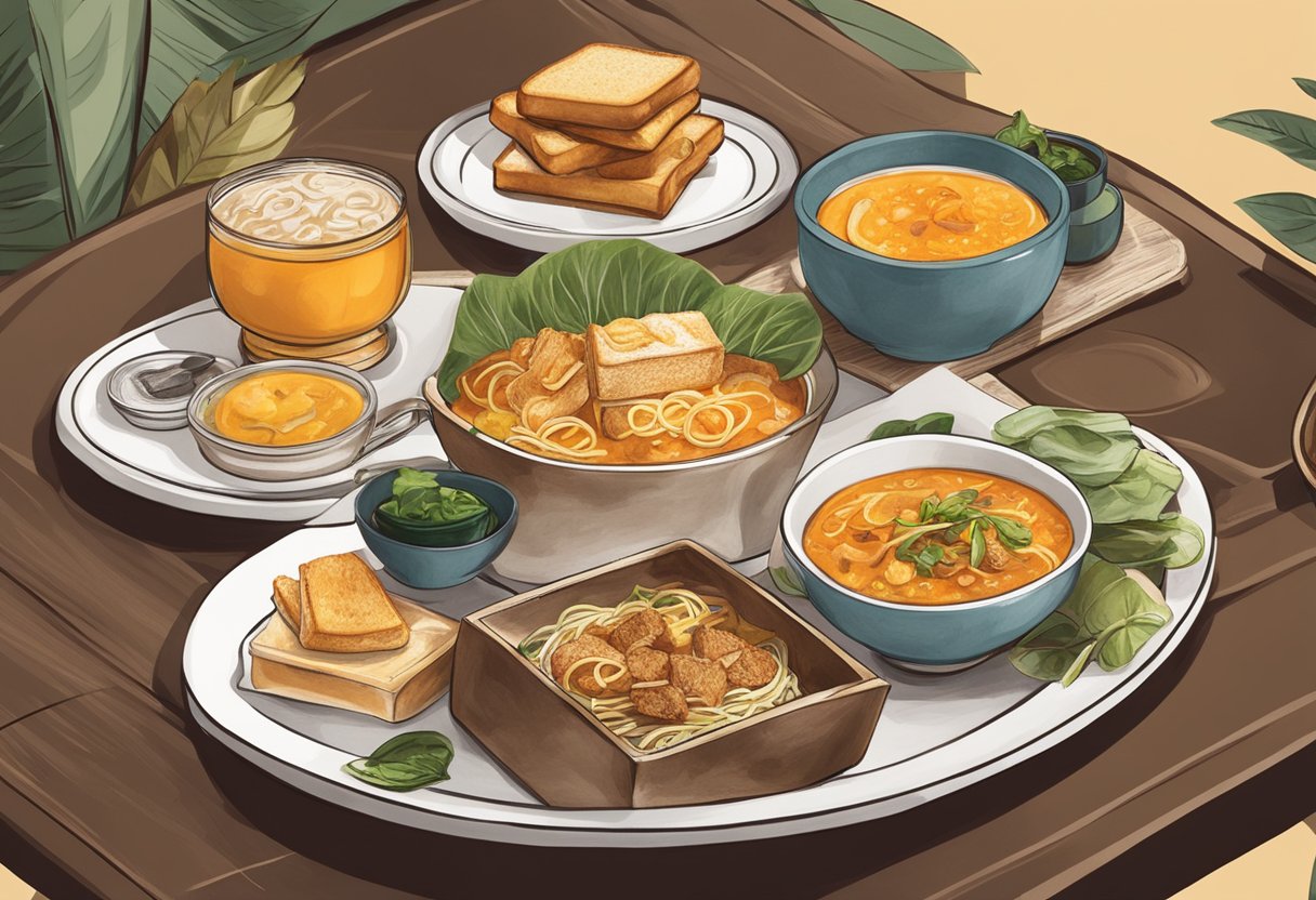 A table set with various dishes from Toast Box Menu, including kaya toast, laksa, and kopi. The ambiance is cozy with warm lighting and traditional Singaporean decor