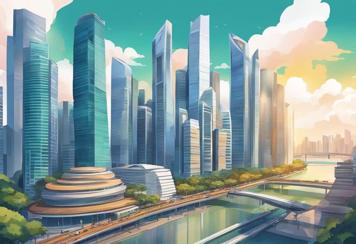 A bustling cityscape of modern skyscrapers and vibrant streets in Singapore. The skyline is dotted with futuristic architecture and the city is alive with energy and movement