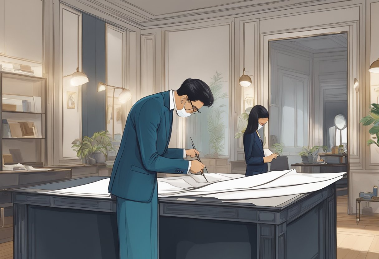 A tailor carefully measures and cuts luxurious fabric for custom suits in a stylish Singapore atelier