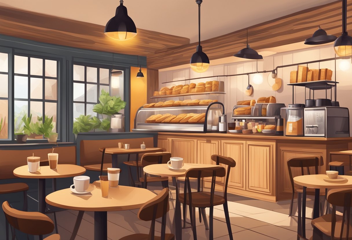 A cozy cafe with warm lighting, wooden tables, and the aroma of freshly toasted bread. Customers chat and sip on steaming cups of coffee, creating a relaxed and inviting atmosphere