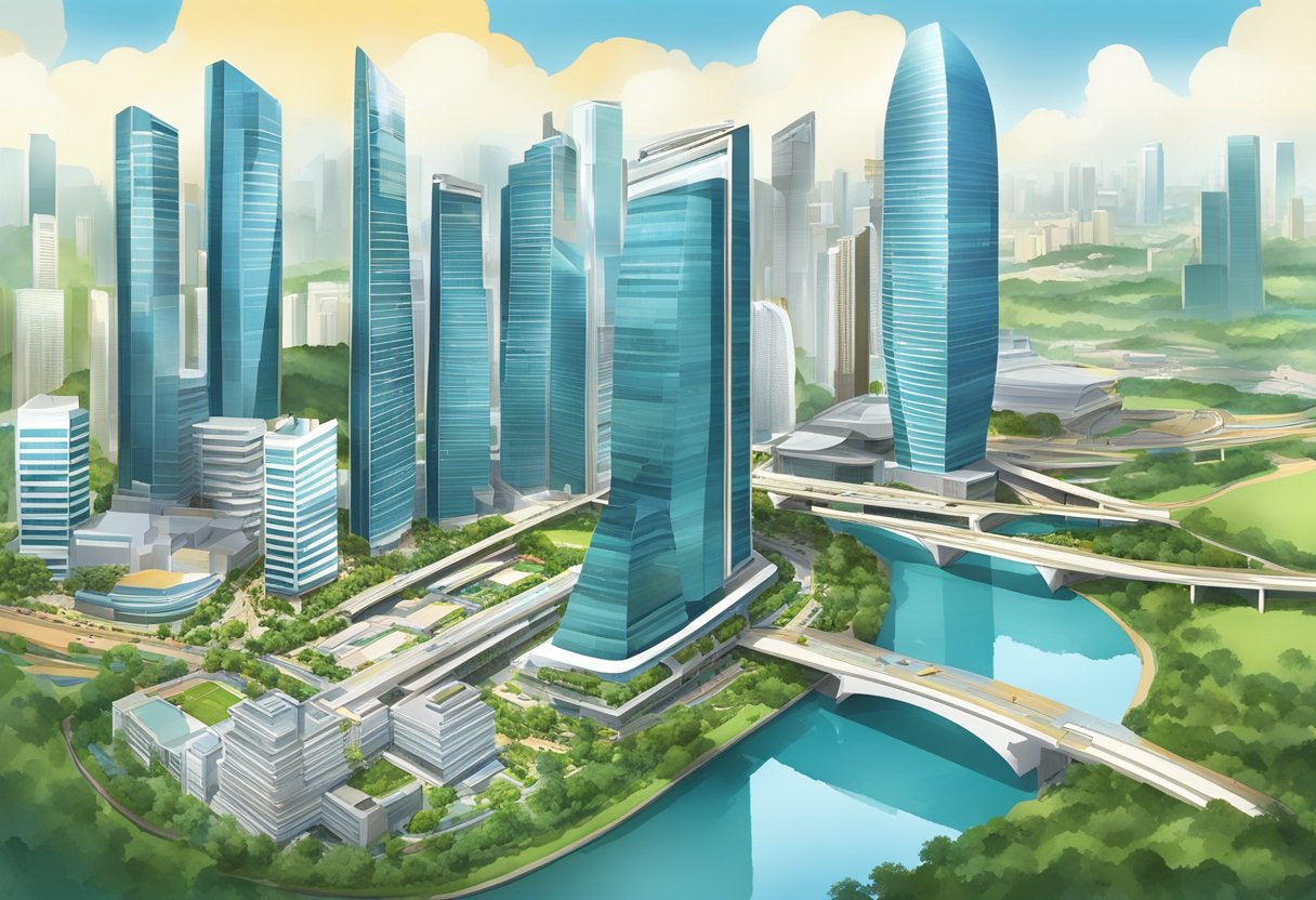 The towering Suntec City in Singapore gleams under the bright sun, surrounded by modern architecture and bustling city life