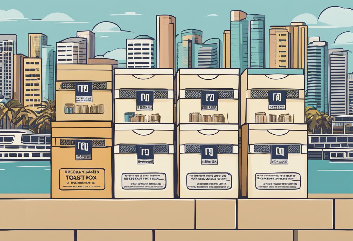 A stack of toast boxes with "Frequently Asked Questions" printed on them, set against a backdrop of Singaporean landmarks