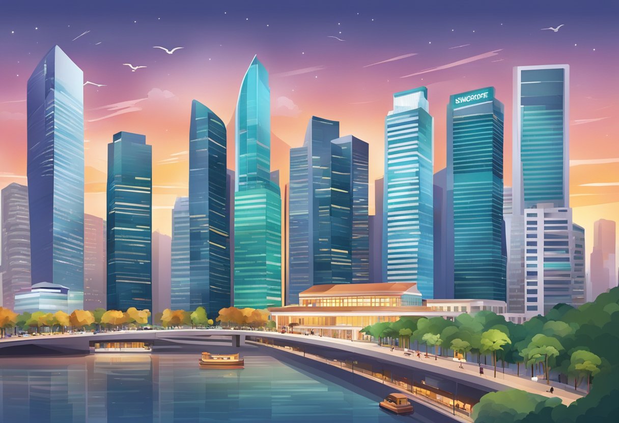 A bustling Singapore cityscape with skyscrapers and a vibrant business district, featuring modern office buildings and co-working spaces