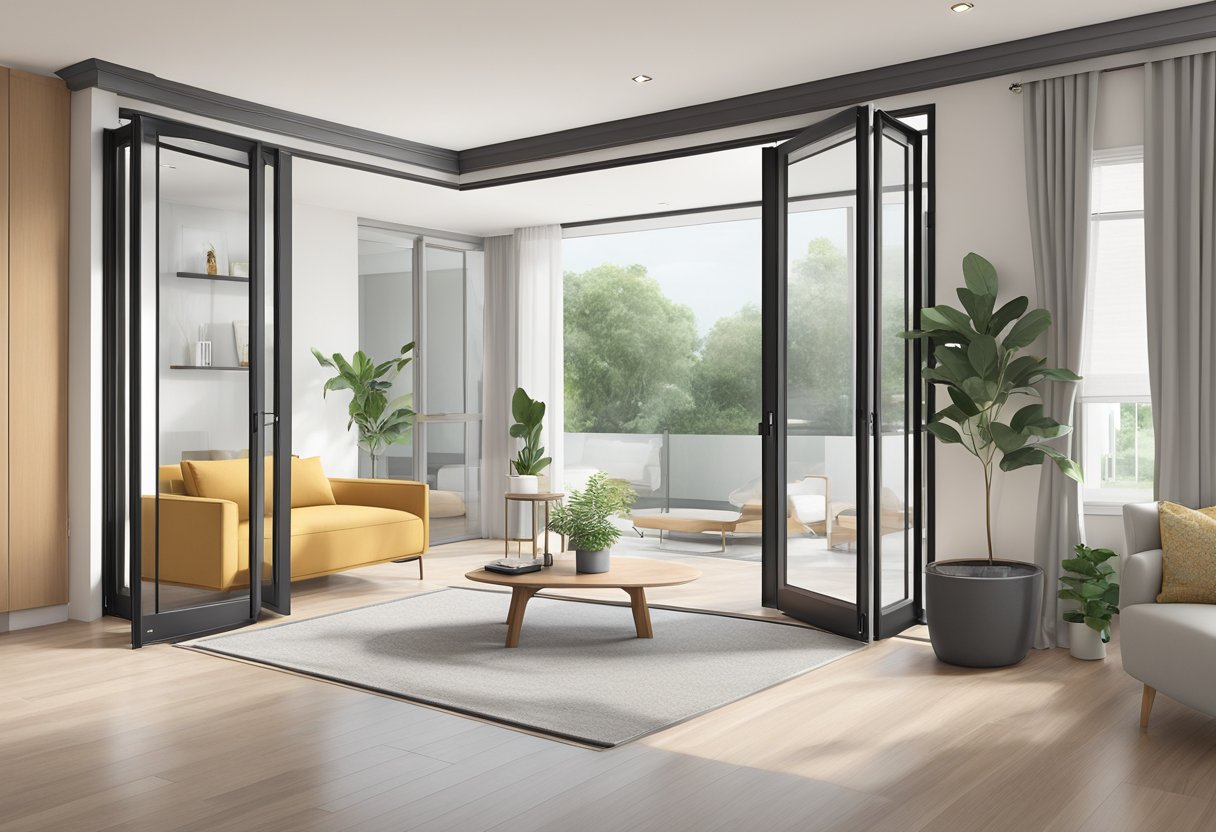 A pair of bi-fold doors in a modern Singaporean home, with sleek and minimalist design, surrounded by clean and contemporary interior decor