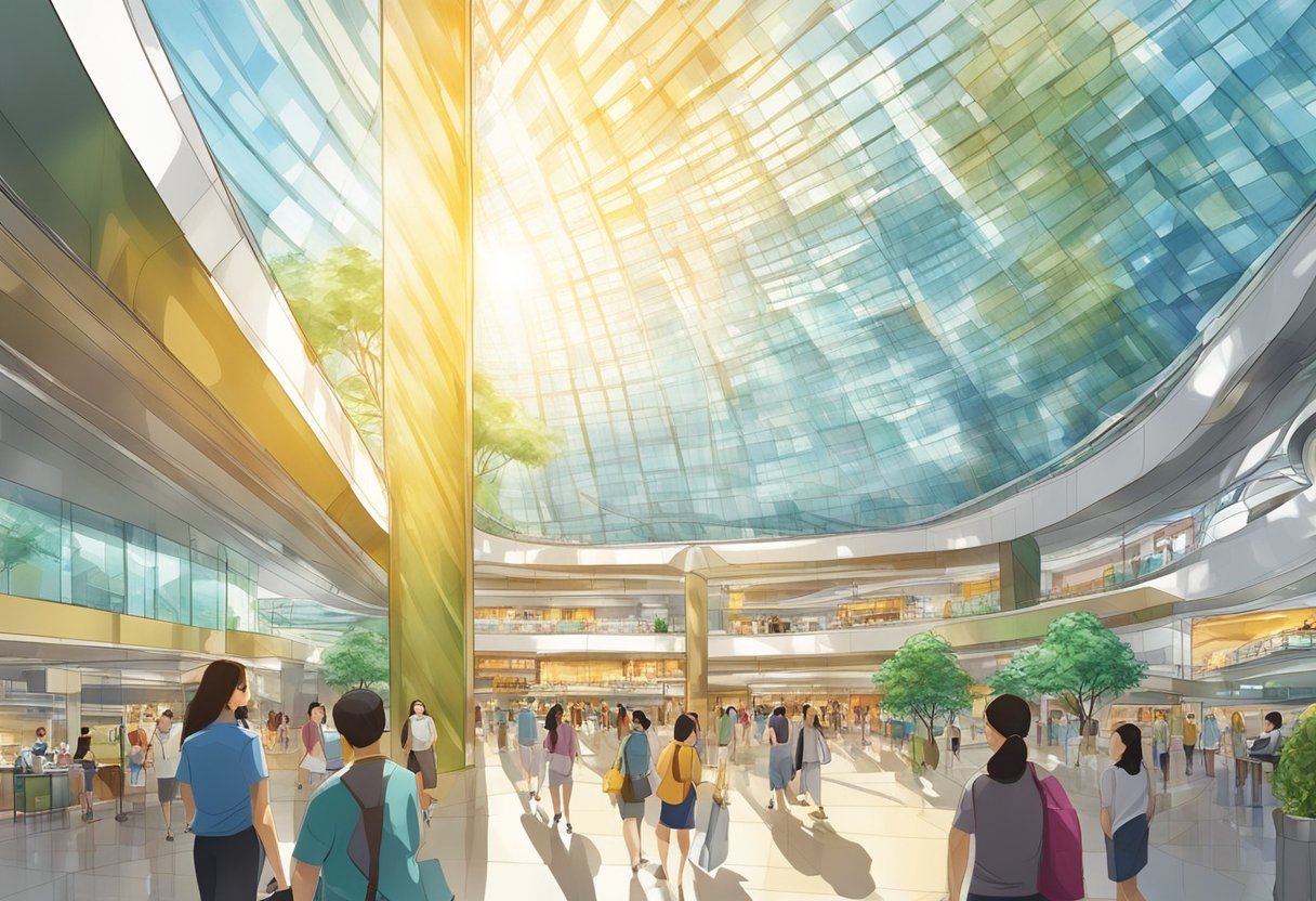 Sunlight streams through the glass ceiling, illuminating the modern architecture and bustling activity of Suntec City's shops and restaurants