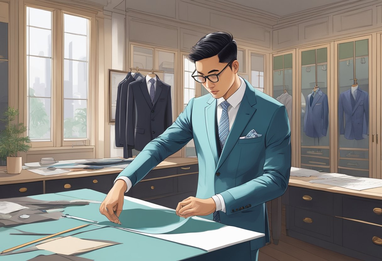 A tailor meticulously measures fabric, cuts patterns, and stitches together a bespoke suit in a sophisticated Singaporean atelier