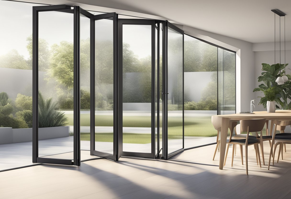 A modern bi-fold door made of sleek aluminum and glass, set against a backdrop of a minimalist interior with clean lines and natural light