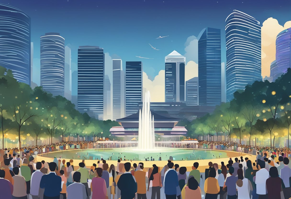 Crowds gather at Suntec City, Singapore, for Events and Conventions. The iconic Fountain of Wealth glimmers in the background, surrounded by towering skyscrapers