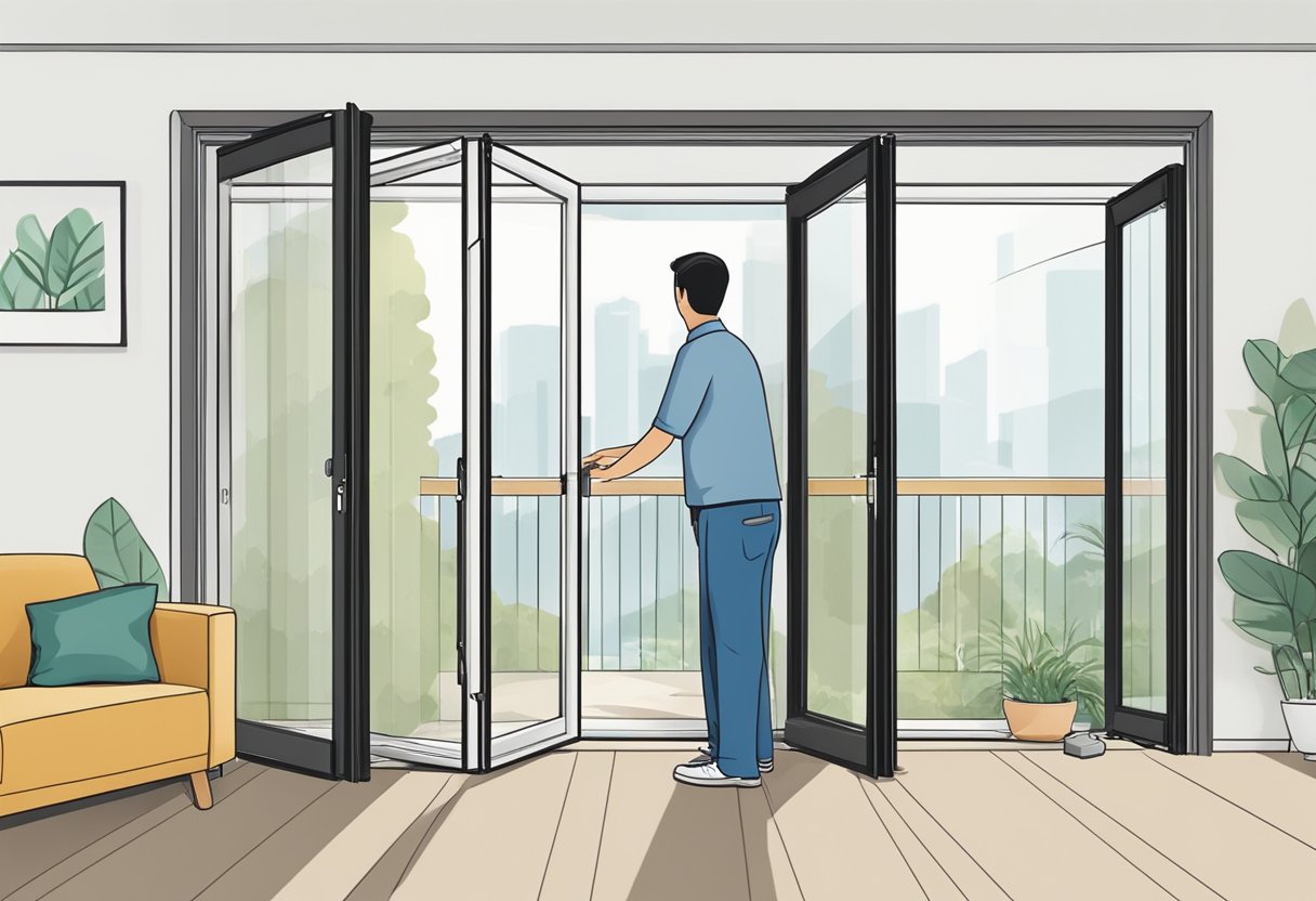 A technician installs a bi-fold door in a Singaporean home, adjusting hinges and ensuring smooth operation