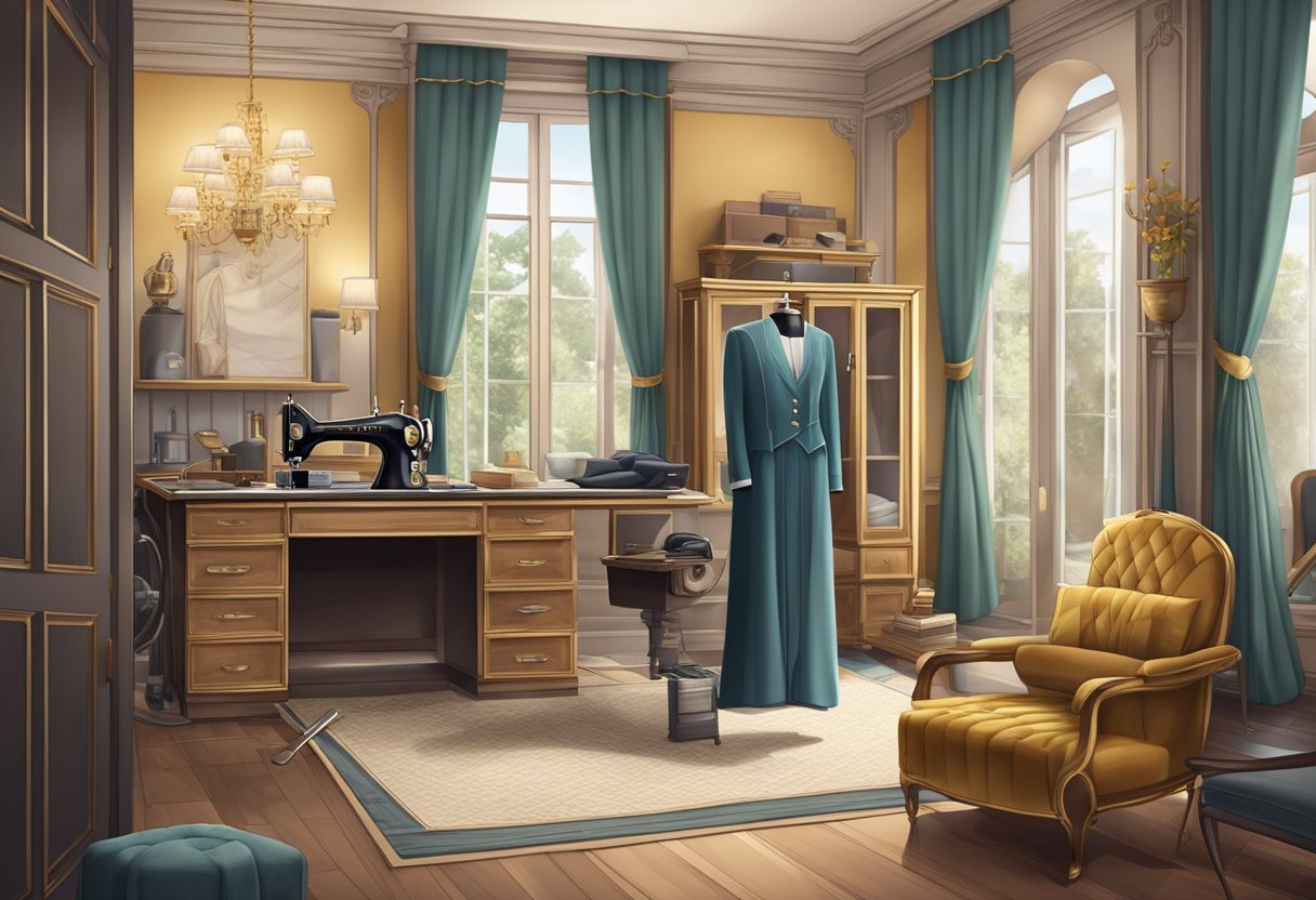 A luxurious tailor shop with elegant fabrics, measuring tape, and a sewing machine, exuding sophistication and comfort