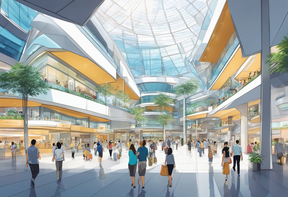 The bustling atrium of Suntec City, Singapore, with people browsing and interacting with information kiosks and signage