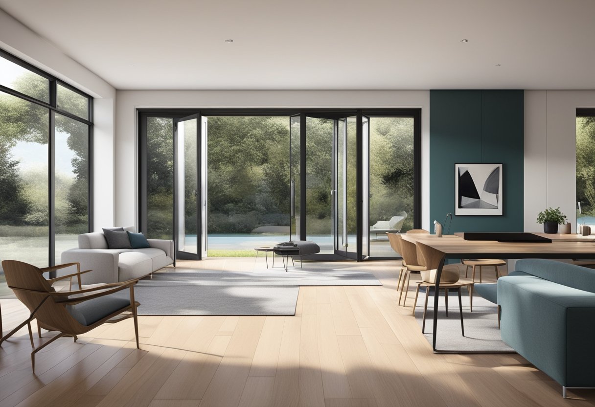 A bi-fold door opening to reveal a modern and sleek interior, with clean lines and minimalist design. The door is made of high-quality materials and features a smooth and effortless operation