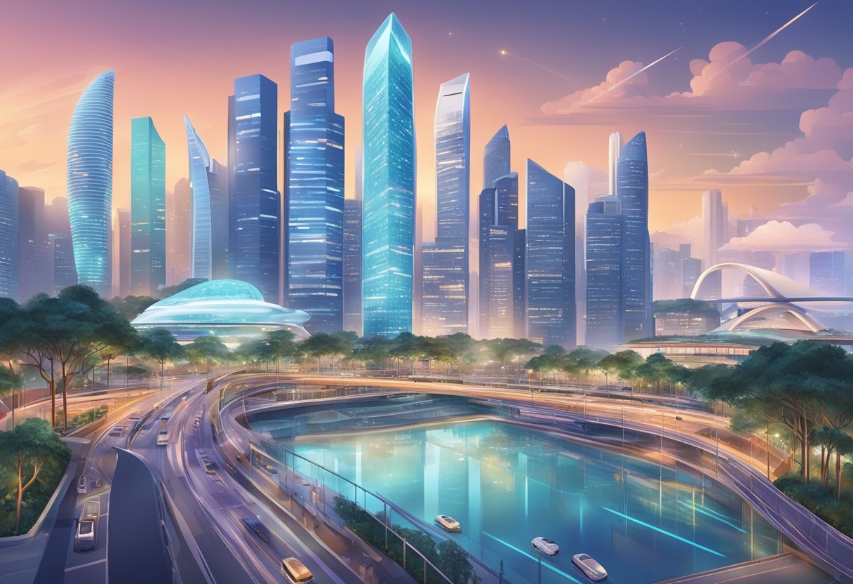 A bustling cityscape with futuristic skyscrapers and high-tech infrastructure, showcasing Singapore's innovative and tech-driven startup culture