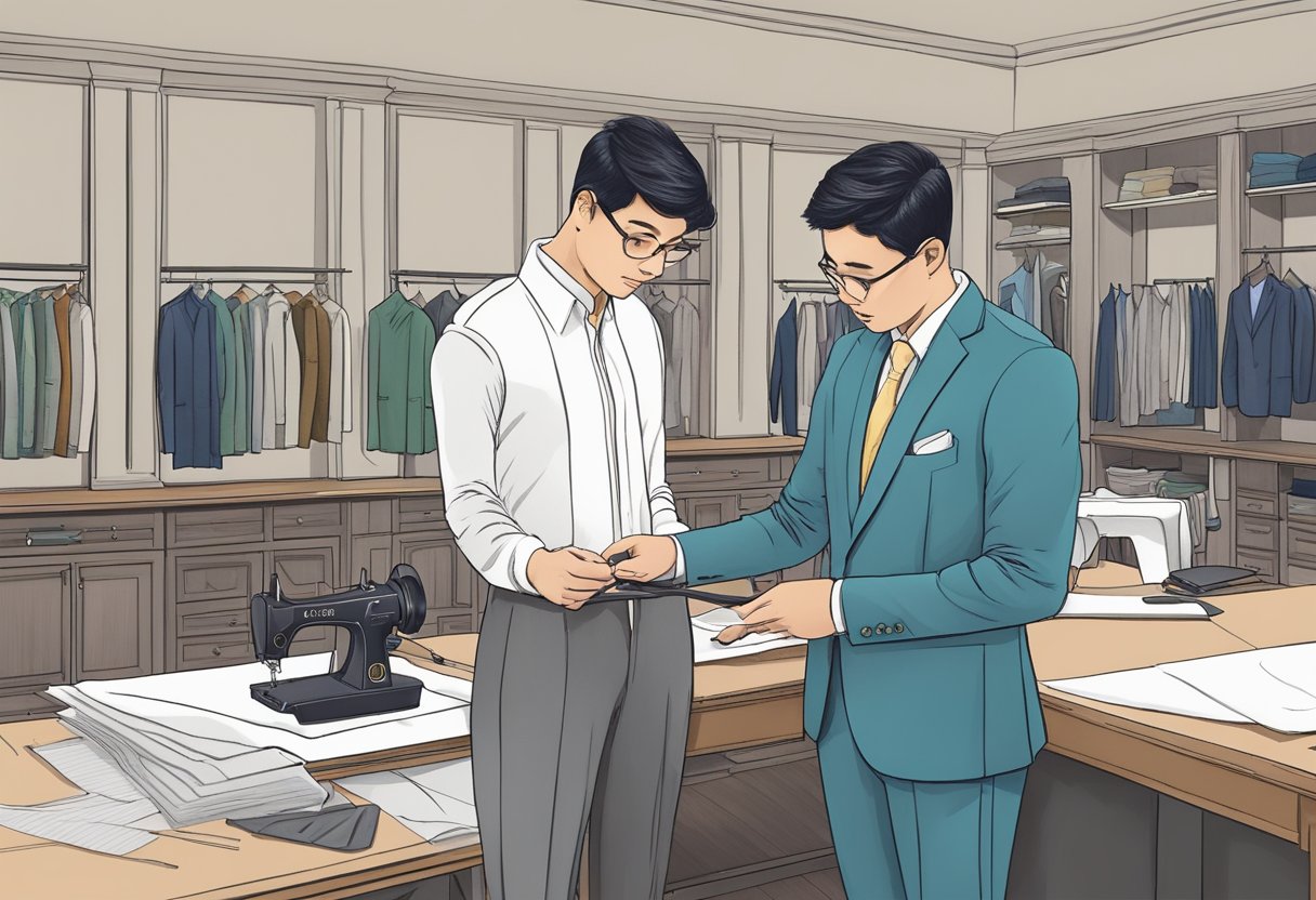A tailor measures fabric, selects patterns, and sews bespoke suits in a Singapore workshop