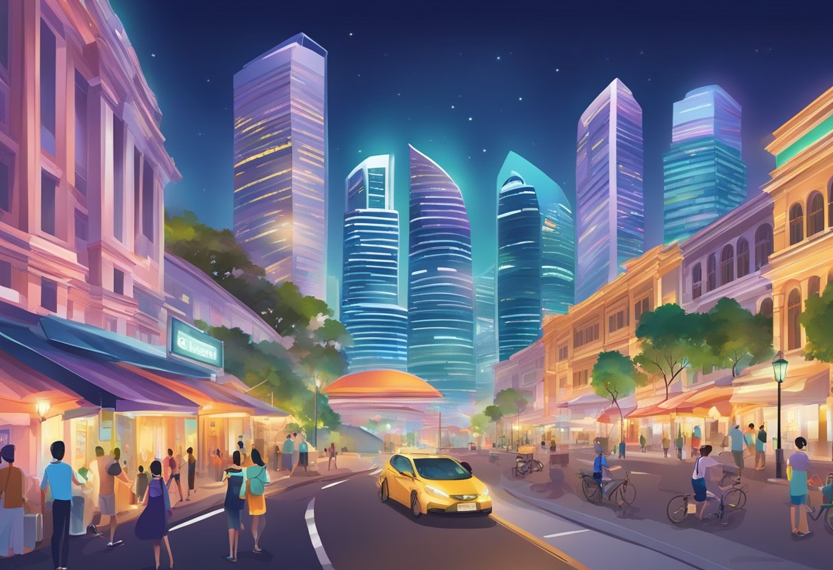 The vibrant cityscape of Singapore with iconic landmarks and bustling streets, set against a backdrop of colorful lights and energetic atmosphere