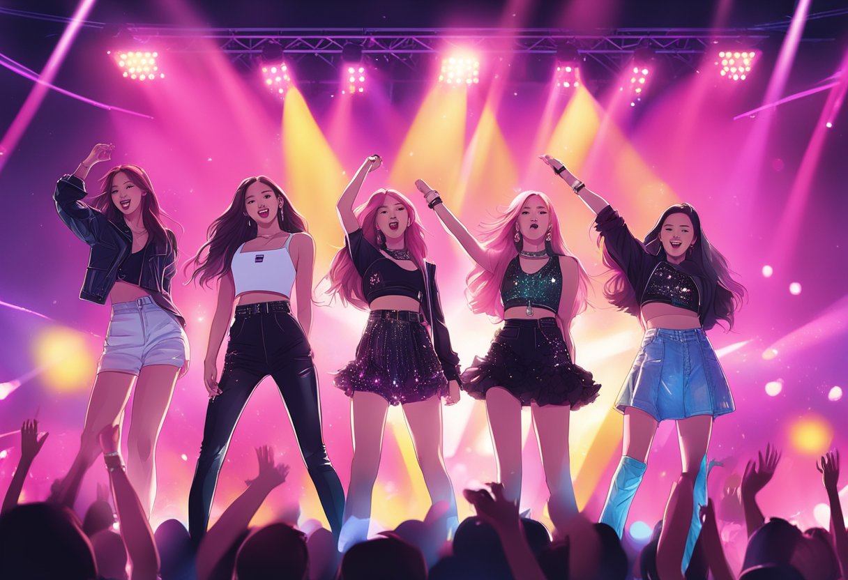 Blackpink performing on stage with vibrant lights and a cheering crowd in the background