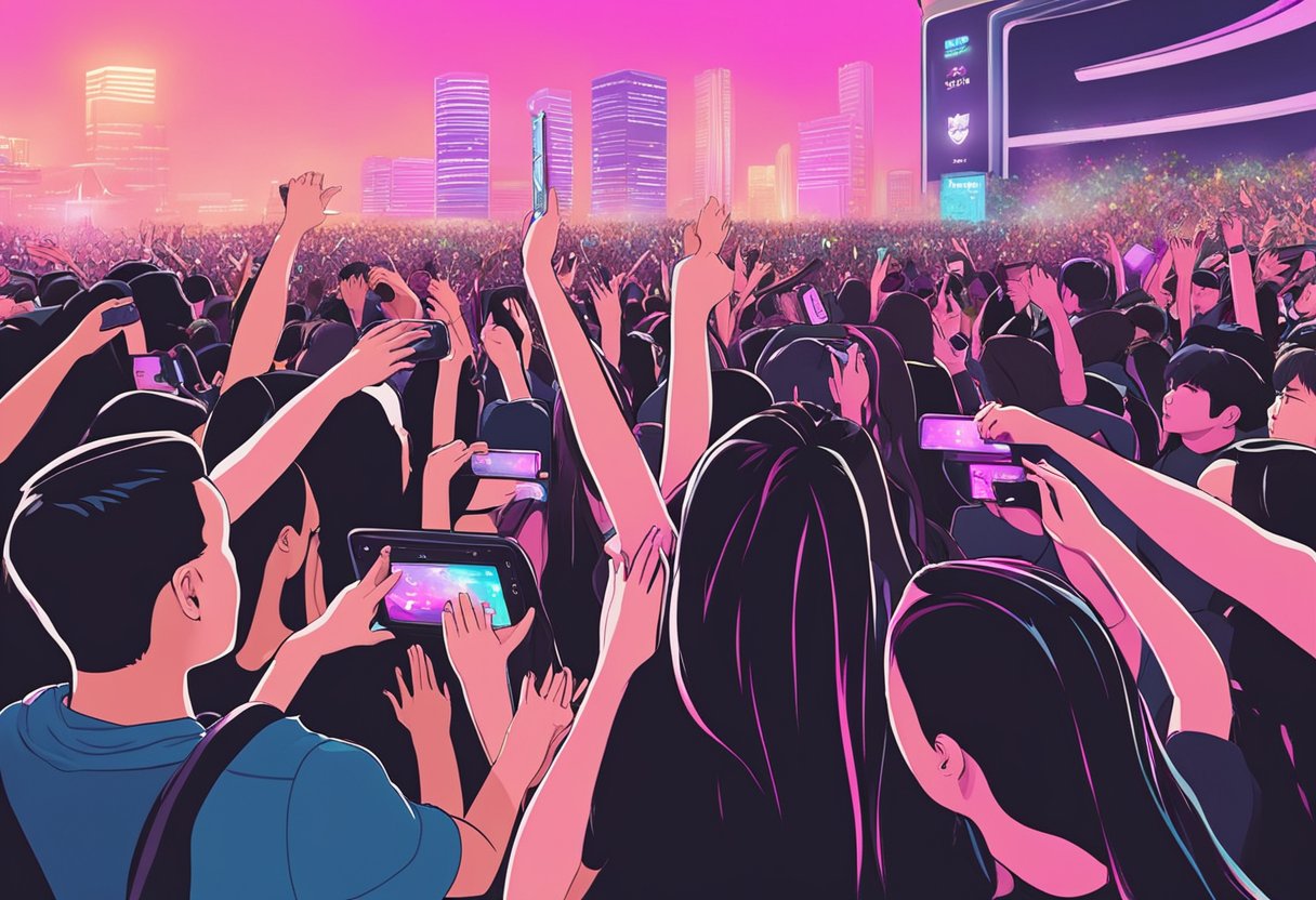 Blackpink interacts with enthusiastic fans in Singapore. Crowd waves lightsticks, sings along. Excitement fills the air