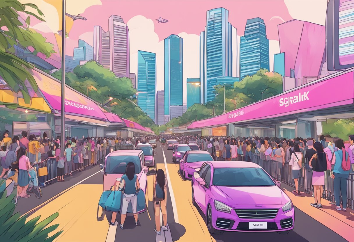 A vibrant cityscape with iconic Singapore landmarks in the background, while a crowd of fans eagerly awaits the arrival of Blackpink for a Q&A session