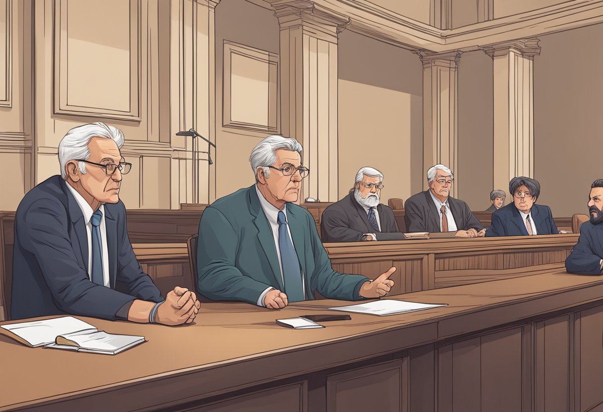 A courtroom scene with a senior lawyer being overlooked or dismissed by younger colleagues. The older lawyer appears frustrated and isolated