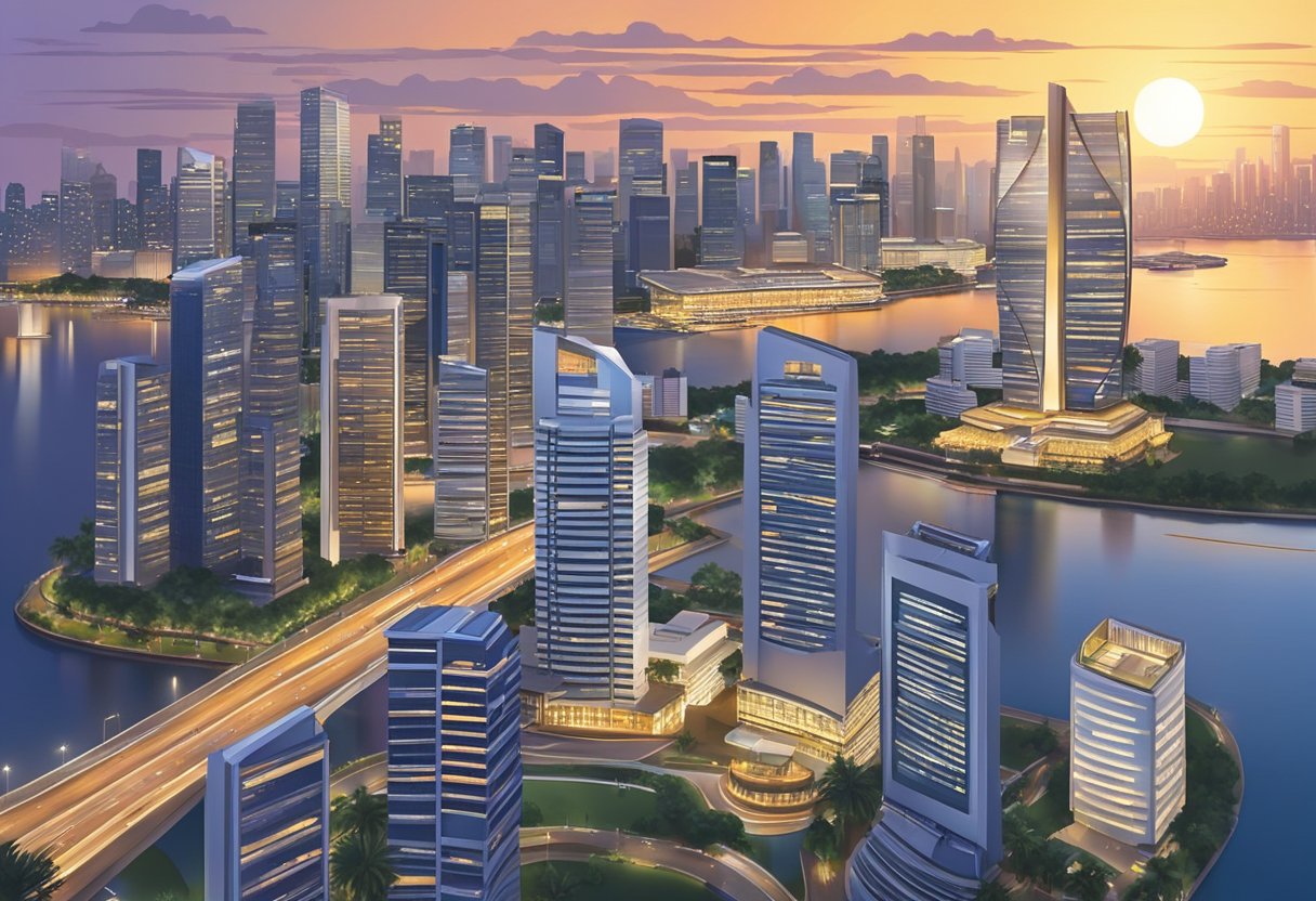 The scene shows the Singapore skyline at dusk, with the sun setting behind the city's iconic skyscrapers, casting a warm glow over the bustling metropolis
