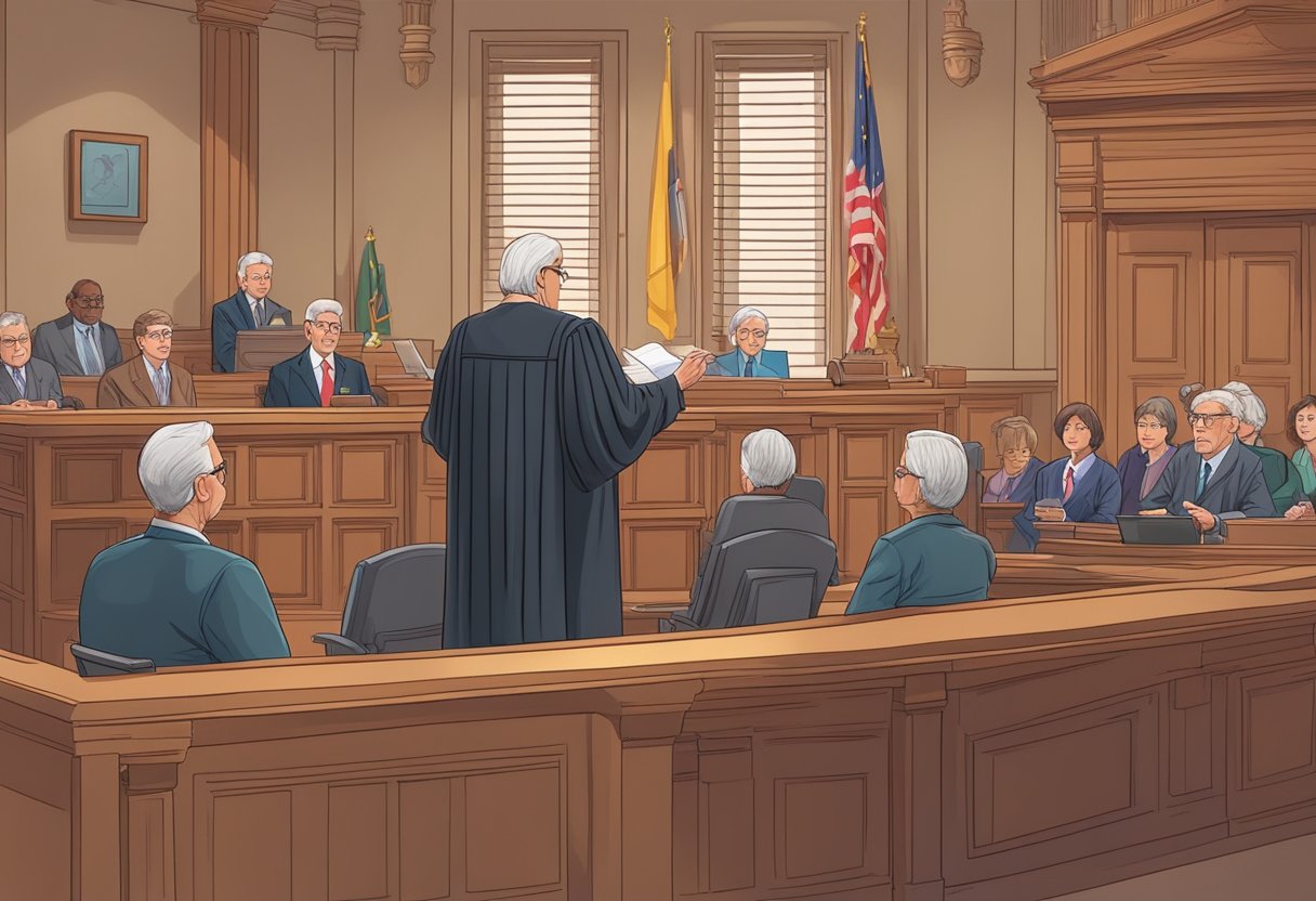 A courtroom setting with a judge presiding over a case involving ageism. The lawyer presents evidence and arguments against age discrimination